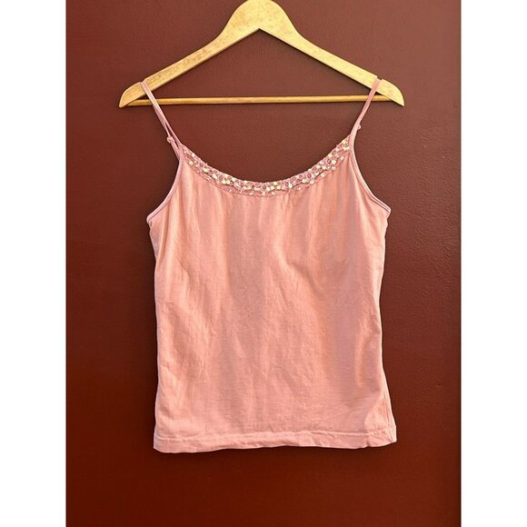 Vintage April Cornell Pink Beaded Tank Top Large Y2K 1990s Sequin Embellished - Picture 1 of 5